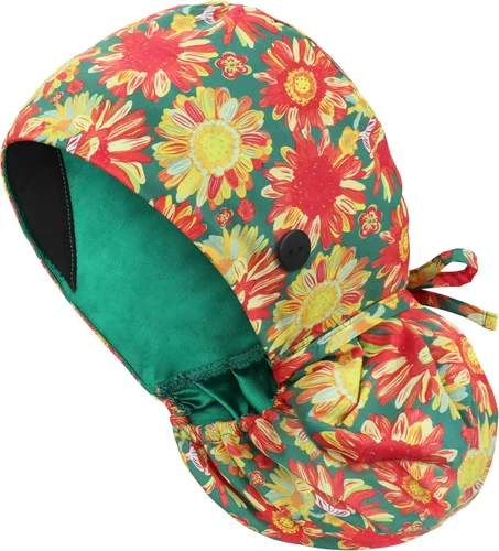 Vista 24 de Gorra médica con forro de satén con bolsillo para cola de caballo, gorro de enfermera médica de algodón con banda elástica para el sudor