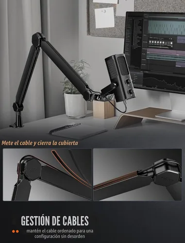 Vista 4 de FIFINE Soporte de brazo para micrófono, brazo de micrófono con abrazadera de escritorio, canales de cable, roscas de 3/8" a 5/8", soporte