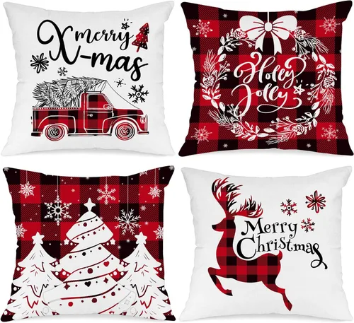 Vista 9 de Lanpn Juego de 4 fundas de almohada navideñas de 16 x 16 pulgadas, fundas decorativas de Navidad de 16 x 16 pulgadas, fundas de almohada a cuadros