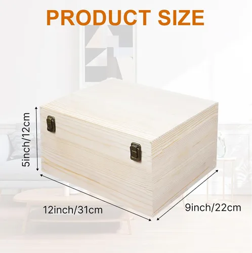 Vista 2 de Caja de madera sin terminar de 12 x 9 x 5 pulgadas, caja de almacenamiento de madera natural Large Craft Stash Boxes, Hinged Lid Front Clasp Case