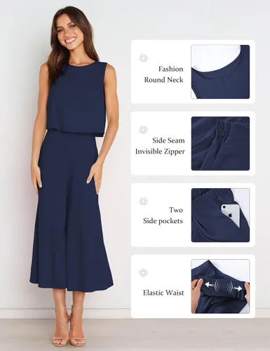 Vista 4 de Fengbay Conjunto de 2 piezas para mujer, con cuello redondo, pantalones de pierna ancha, con vuelo, con bolsillos