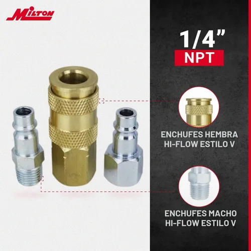 Vista 4 de Milton S-217 Juego de acoplador NPT de 1/4 de pulgada estilo V y clavijas, 6 piezas