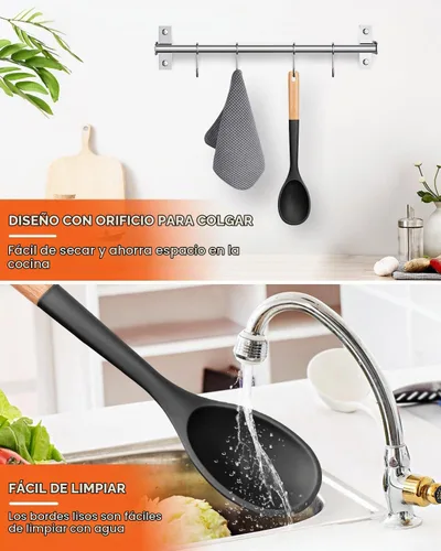 Vista 6 de Cucharas de cocina grandes de silicona, cuchara antiadherente con mango de madera maciza, cucharas de cocina de silicona resistentes al calor