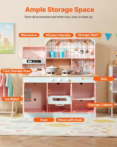 Vista 5 de VEVOR Cocina de Juguete de Madera, Cocina de Juego para Niños con Luces y Sonidos, Cocina Infantil con Máquina de Hielo, Horno, Fregadero