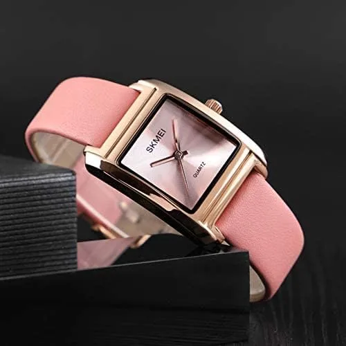 Vista 4 de Reloj de vestir para mujer, de negocios, casual, cuadrado, con correa de cuero roja, Rojo