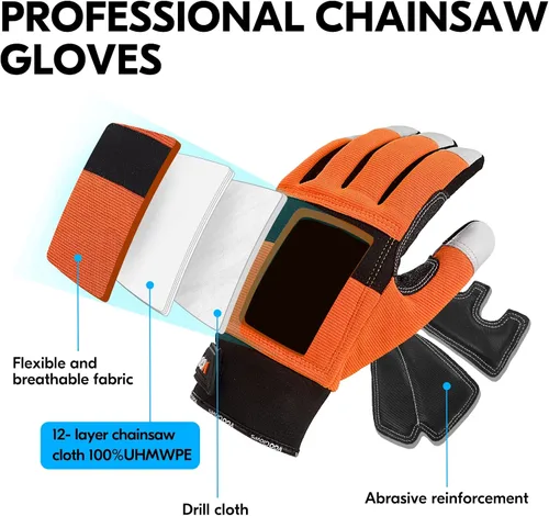 Vista 3 de Vgo... Guantes de motosierra, protección de motosierra de 12 capas en la parte posterior de ambas manos, guantes de trabajo de cuero, guantes