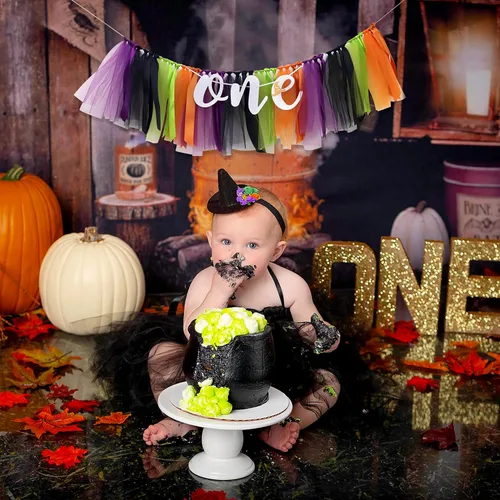 Vista 6 de Cartel para silla alta de Halloween, decoración espeluznante, fondo de fotos de primer cumpleaños, pancarta de cumpleaños de calabaza, guirnalda