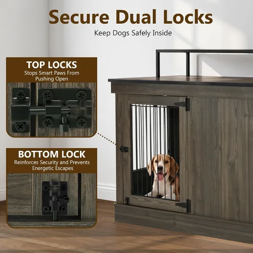 Vista 6 de MCombo Jaula de madera para perros de 57 pulgadas, soporte de TV de madera para 2 perros medianos, jaula grande con 2 puertas, mesa auxiliar