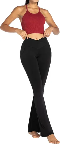 Vista 4 de Sunzel Leggings acampanados para mujer con bolsillos, pantalones de yoga cruzados con control de abdomen, cintura alta y pierna ancha