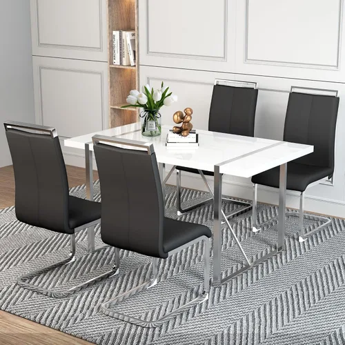 Vista 8 de Juego de mesa de comedor para 4, juego de mesa de cocina moderno con 4 patas de metal tapizadas, juego de mesa de comedor blanco para 4 personas