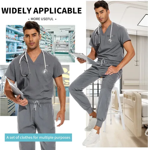 Vista 5 de VIAOLI Conjunto de ropa quirúrgica para hombre con cuello en V y pantalón deportivo de 8 bolsillos para enfermería, conjuntos de uniformes médicos