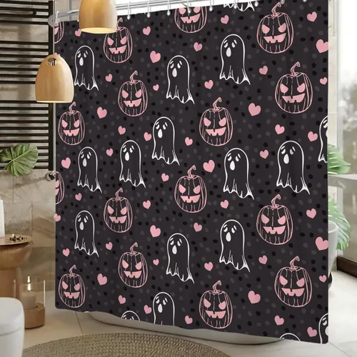 Vista 16 de Cortina de ducha divertida de Halloween, espeluznante y bonita, fantasma, calabazas, murciélagos, cortina de baño para niños, decoración
