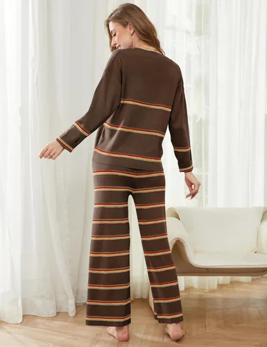 Vista 4 de SCUSTY Conjunto de 2 piezas para mujer, suéteres de rayas de otoño de gran tamaño, ropa de descanso, suéter de manga larga de punto acogedor