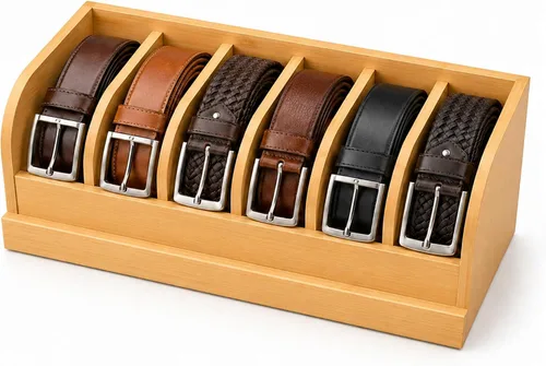 Vista 8 de Caja Organizadora de Cinturones de Madera de Acacia MinBoo, Estante de Cinturones de 6 Rejillas para Clóset y Cajón, Organizador y Expositor