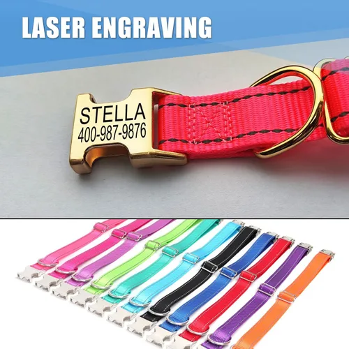 Vista 5 de Collar personalizado para perro con etiqueta de nombre, collar de nailon reflectante para mascotas, collares de perro con hebilla dorada grabada