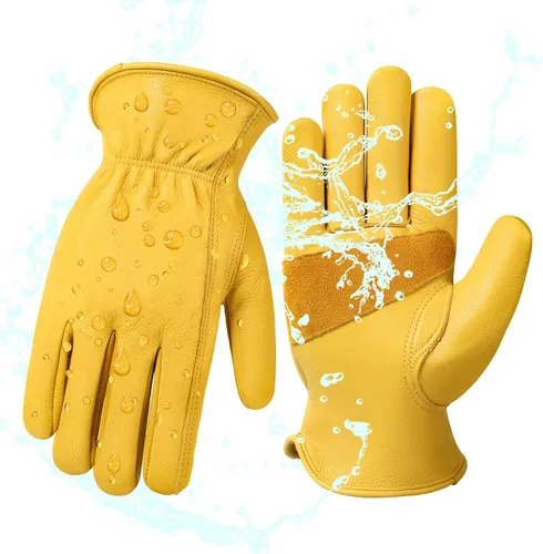 Vista 8 de DULFINE Cowhide Leather Work Gloves for Men & Women, Reinforced Durable Gardening Gloves, Puncture & Cut Resistant