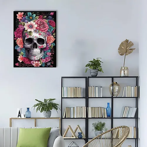 Vista 6 de Kit de pinturas de diamantes 5D por números, pintura de cráneo con arte de diamantes, lienzo de diamante completo para decoración de pared