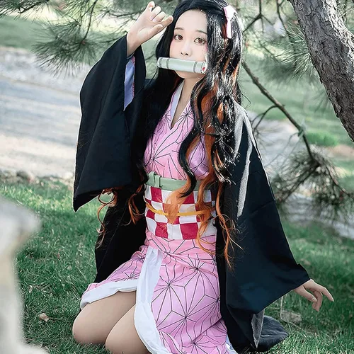 Vista 8 de Nezuko - Disfraz completo de cosplay con peluca de bambú capa de bambú para Navidad, día de Acción de Gracias, uniforme para niñas y mujeres