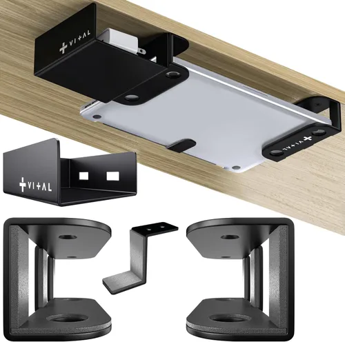 Vista 10 de VI+AL Soporte para laptop debajo del escritorio - Estante oculto de metal con almacenamiento lateral, gancho y organizador de cables - Se instala