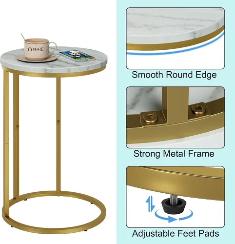 Vista 7 de Function Home Mesa auxiliar de mesa C, mesa auxiliar de sofá en forma de C de mármol, mesas de sofá que se deslizan por debajo, mesa decorativa
