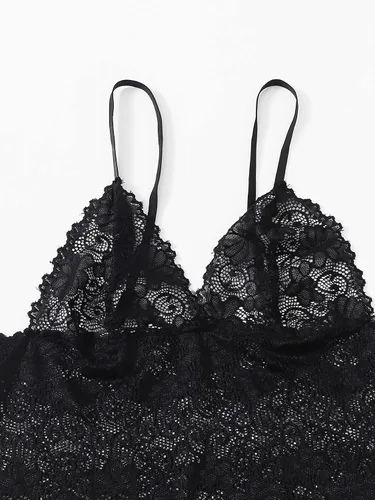 Vista 3 de WDIRARA Conjunto de pijama de lencería con encaje floral de satén para mujer, 4 piezas, conjunto de pijama con bata