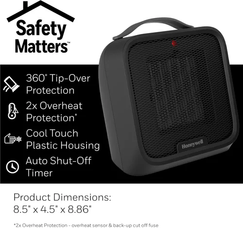 Vista 5 de Calentador de espacio de cerámica Honeywell UberHeat Plus para habitaciones pequeñas, silencioso, compacto calentador personal con configuraciones