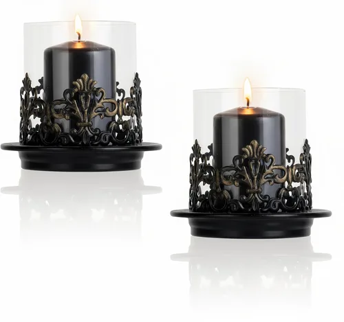 Vista 9 de Portavelas vintage de cristal gótico estilo huracán, base de metal negro con detalles dorados, funda de vidrio transparente, 4.3 x 4 pulgadas, juego