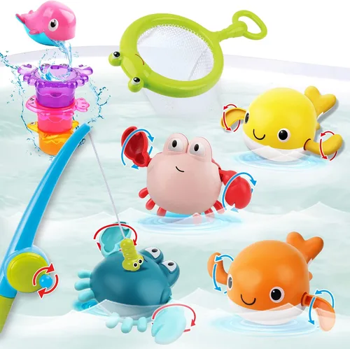 Vista 7 de Dwi Dowellin Juguete de baño para niños pequeños, juguete de bañera con juguetes de natación flotantes sin moho y tazas apilables, juego de pesca