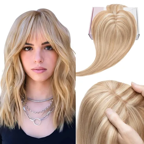 Vista 21 de Elailite Pelucas para mujeres con flequillo, cabello humano real, topper con cabello delgado, 13 cm x 7 cm, base de seda, clip en piezas de cabello
