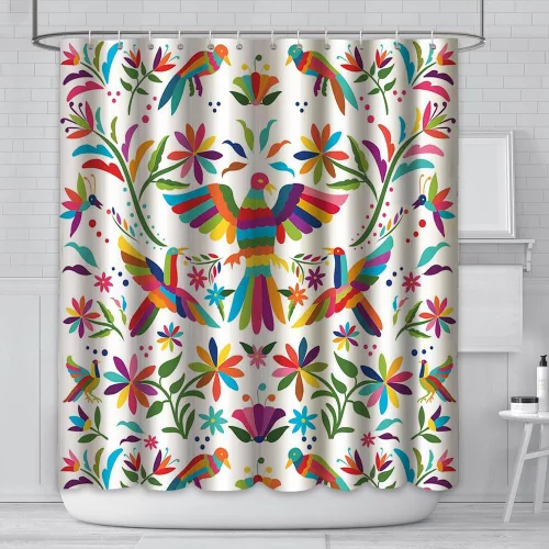 Vista 7 de MEHOFOND Cortina de ducha estilo otomí de 72 x 72 pulgadas para baño, estilo mexicano, tradicional, mexicano, pájaro azul, rojo y negro, tela