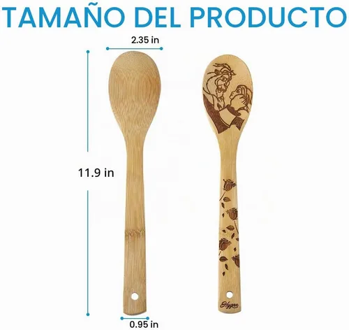 Vista 2 de Beauty and the Beast Juego de cucharas de madera quemadas para cocinar y servir, cuchara de bambú ranurada, utensilios de cocina, idea de regalo