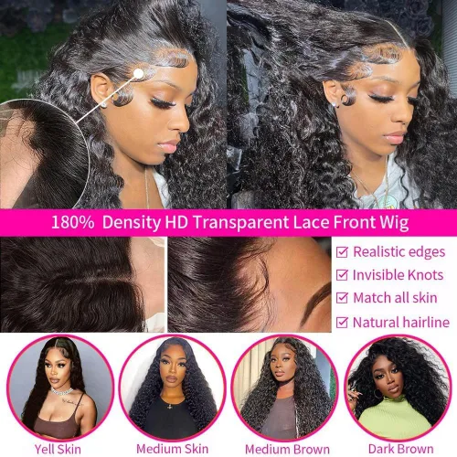 Vista 5 de Pelucas de cabello humano ondulado profundo con encaje frontal de 13 x 4, densidad del 180 %, pelucas de cabello humano rizado con encaje frontal