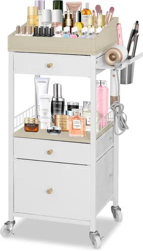 Vista 12 de Carrito organizador de maquillaje con 3 cajones, carrito de almacenamiento de cosméticos rodante con divisores ajustables, soporte de herramientas