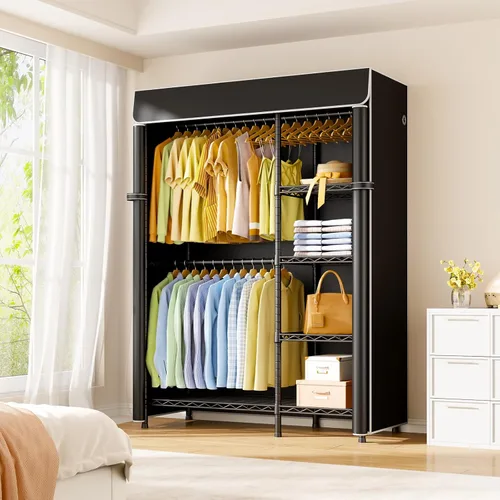 Vista 2 de ULIFHOME F2C - Perchero con funda, percheros para colgar ropa, perchero resistente con estantes y barras de suspensión, armario negro con cubierta