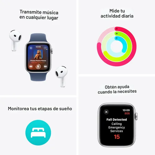 Vista 3 de Apple Watch SE (2ª generación) [GPS 44mm] Smartwatch con caja de aluminio plateado y correa deportiva de mezclilla S/M. Rastreadores de fitness