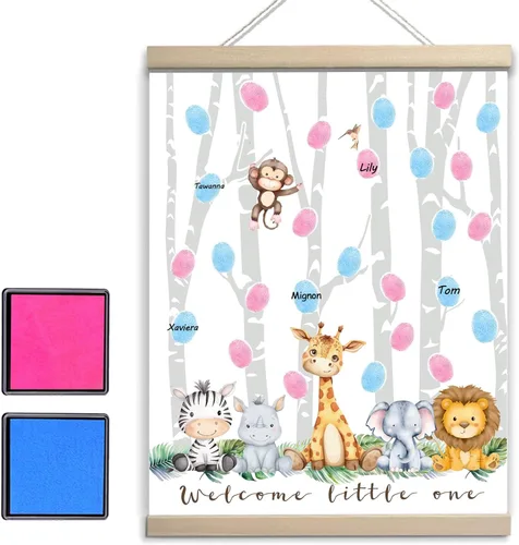 Vista 9 de QZCYU Libros de invitados de lienzo con huellas dactilares para revelación de género, decoraciones de baby shower, decoración de fiesta