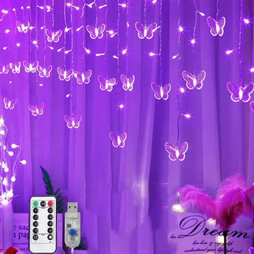 Vista 10 de Lainin - Tira de luces alimentadas por USB de 13 pies, 96 luces LED, 18 cuerdas de mariposas, tira de luces de hadas de 8 modos para fiestas Rosa