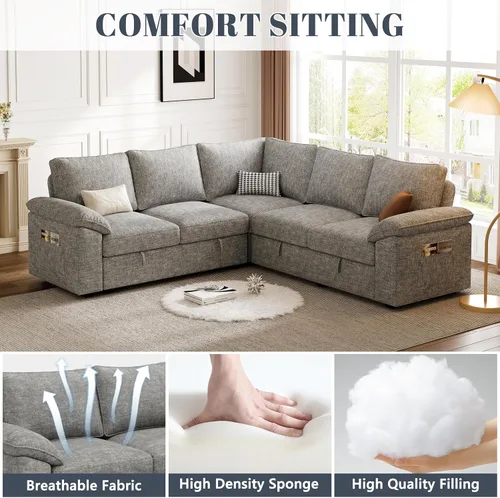 Vista 5 de Sofá modular de 85 pulgadas con cama extraíble, sofá modular de 5 asientos en forma de L con almacenamiento, sofás seccionales para sala de estar