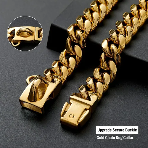 Vista 3 de Collares Fuertes de Acero Inoxidable Dorado para Perros con Cierre de Hebilla de Seguridad, Collar de Entrenamiento de Cadena de Eslabones Cubanos