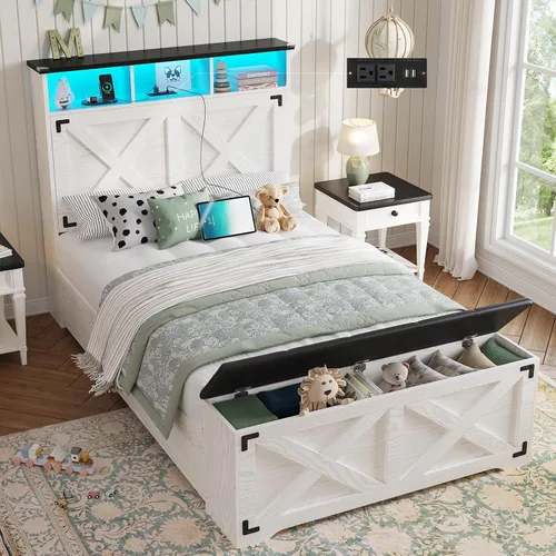 Vista 10 de DICTAC - Base de cama estilo granja tamaño Queen con cabecera de almacenamiento y estación de carga, base de cama de plataforma de madera