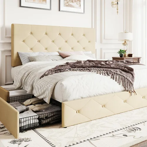 Vista 30 de SHA CERLIN Base de cama de plataforma tamaño matrimonial tapizada con 4 cajones de almacenamiento, cabecero ajustable con diseño cosido en cuadrados