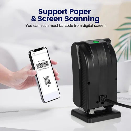 Vista 4 de OBZ Escáner de código de barras de escritorio manos libres, lector de código QR omnidireccional 1D 2D con cabezal de escaneo ajustable, escáner