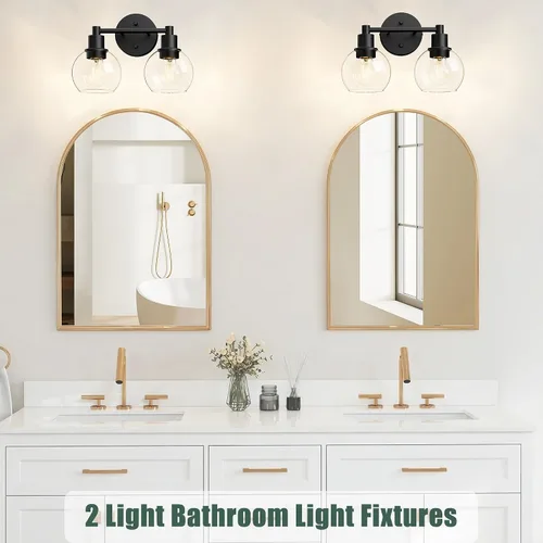 Vista 7 de 2 lámparas de baño, luces de tocador negras, luces de tocador de baño de granja, 2 luces, globo negro mate, accesorio de iluminación sobre espejo