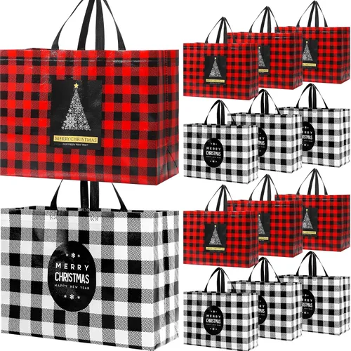 Vista 11 de Colarr 12 piezas bolsas de mano de Pascua extra grandes con asa, bolsa de regalo de primavera, no tejida, a cuadros búfalo, impermeable
