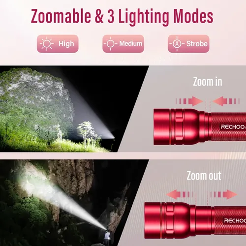 Vista 2 de RECHOO Linternas recargables de alta luminosidad, G1000 súper brillante, pequeña linterna LED con zoom y 3 modos de iluminación, linterna táctica