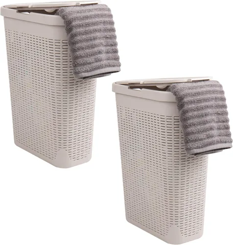 Vista 14 de Mind Reader Cesta de lavandería delgada con tapa, cesta de ropa de 40 L, diseño de mimbre premium, plástico, azul bebé