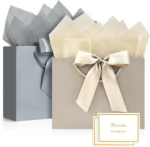 Vista 34 de JMANNI 12 bolsas de regalo de papel de boda con asa, bolsas medianas de regalo de agradecimiento de 13 pulgadas con lazo de cinta, regalos