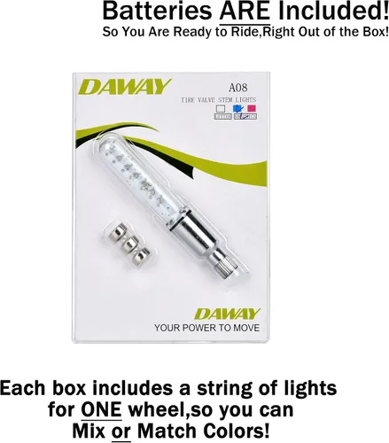 Vista 7 de DAWAY Luz de vástago de válvula de neumático de bicicleta A08 – Luces LED impermeables para rueda de bicicleta, lámpara intermitente de neón que