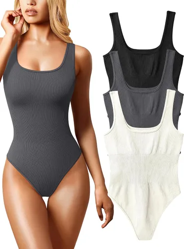 Vista 7 de OQQ Body de 3 piezas para mujer, sexy, acanalado, sin mangas, cuello cuadrado, camiseta sin mangas, leotardo, trajes de moda 2025 negro azul blanco