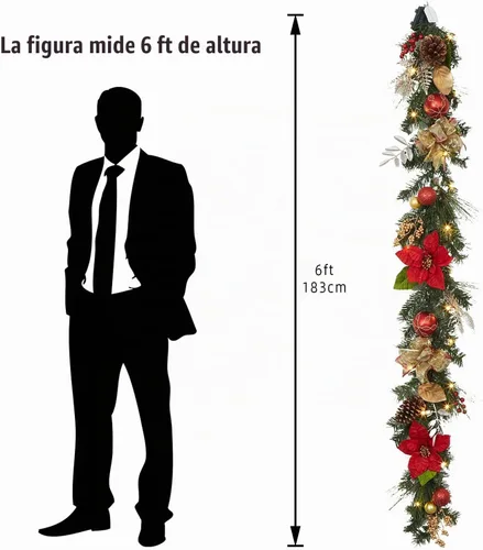 Vista 2 de Guirnalda de Navidad de 6 pies con luces, guirnalda artificial preiluminada de Navidad con conos de pino y flor de pascua, guirnalda de Navidad Oro
